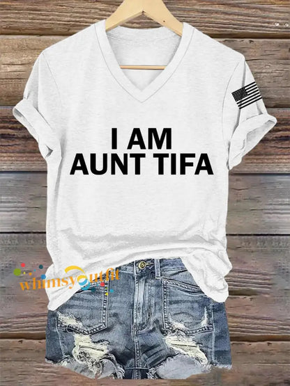 Women’s I Am Aunt Tifa Aunties Against Fascists V-Neck Tee White / S