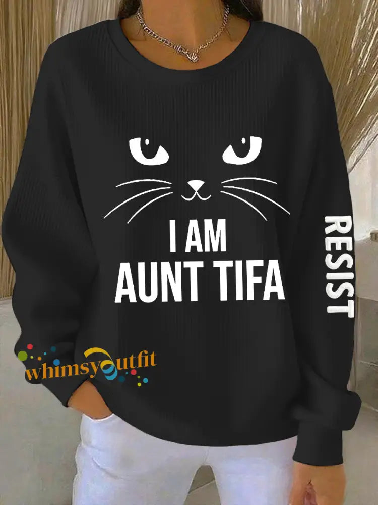 Women’s I Am Aunt Tifa Aunties Resist Fascists Ribbed Round-Neck Sweatshirt Black / S