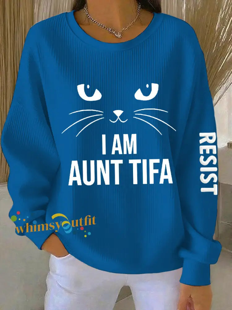 Women’s I Am Aunt Tifa Aunties Resist Fascists Ribbed Round-Neck Sweatshirt Blue / S