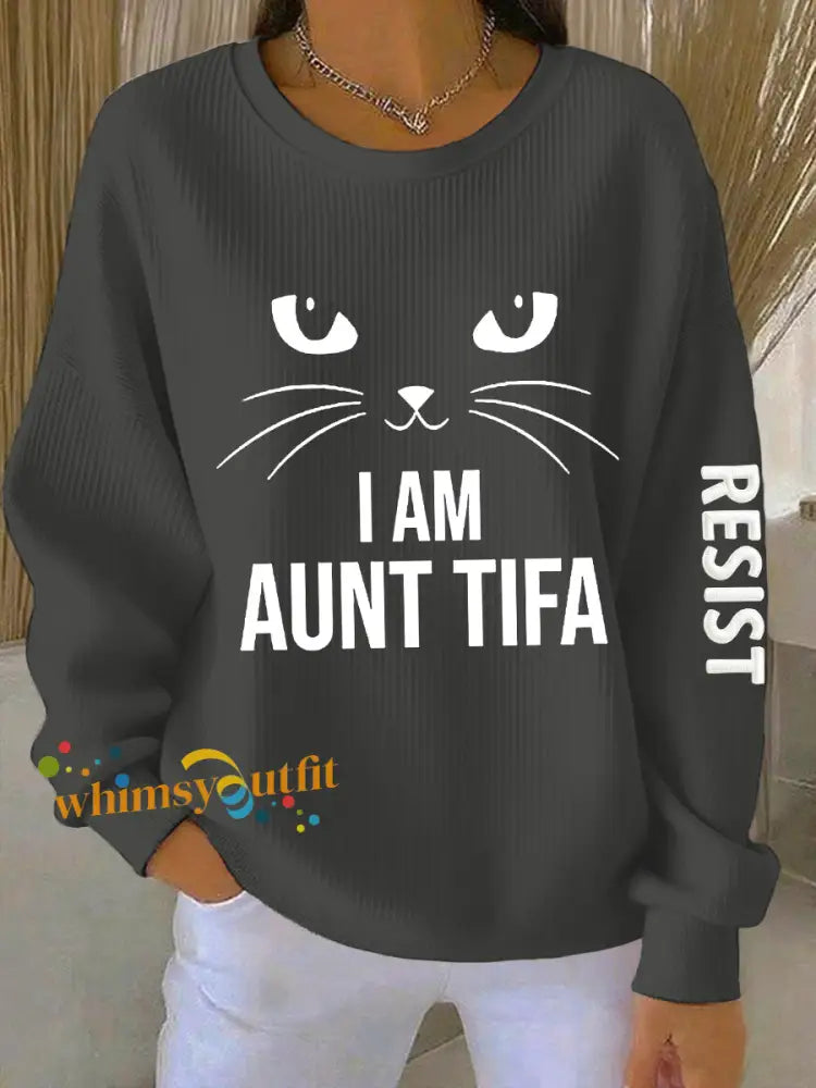Women’s I Am Aunt Tifa Aunties Resist Fascists Ribbed Round-Neck Sweatshirt Dark Gray / S