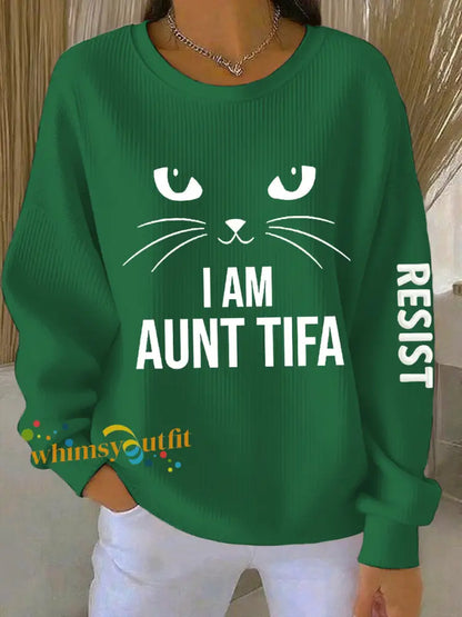 Women’s I Am Aunt Tifa Aunties Resist Fascists Ribbed Round-Neck Sweatshirt Dark Green / S