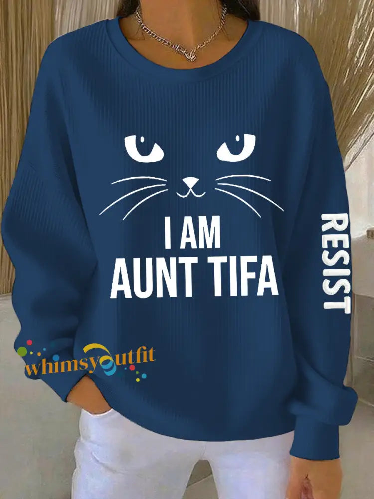 Women’s I Am Aunt Tifa Aunties Resist Fascists Ribbed Round-Neck Sweatshirt Navy Blue / S
