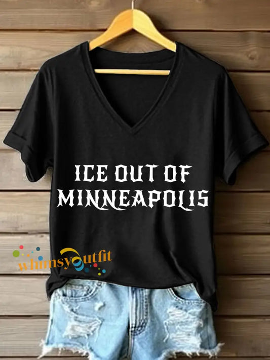 Women’s ICE Out Of Minneapolis Print V-Neck T-Shirt Black / S