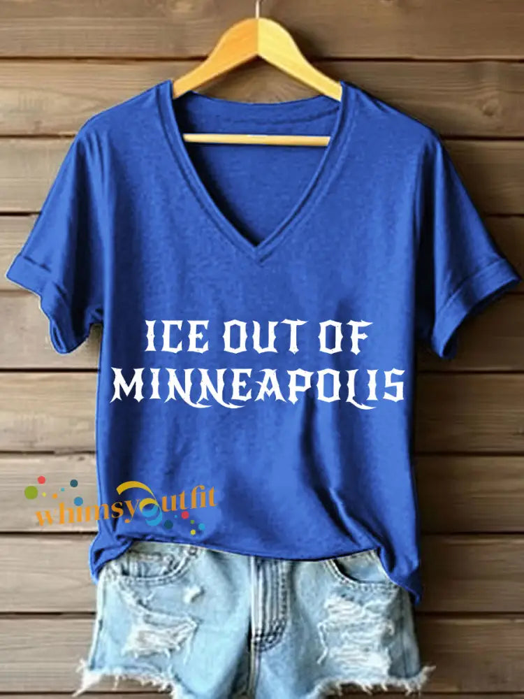Women’s ICE Out Of Minneapolis Print V-Neck T-Shirt Blue / S