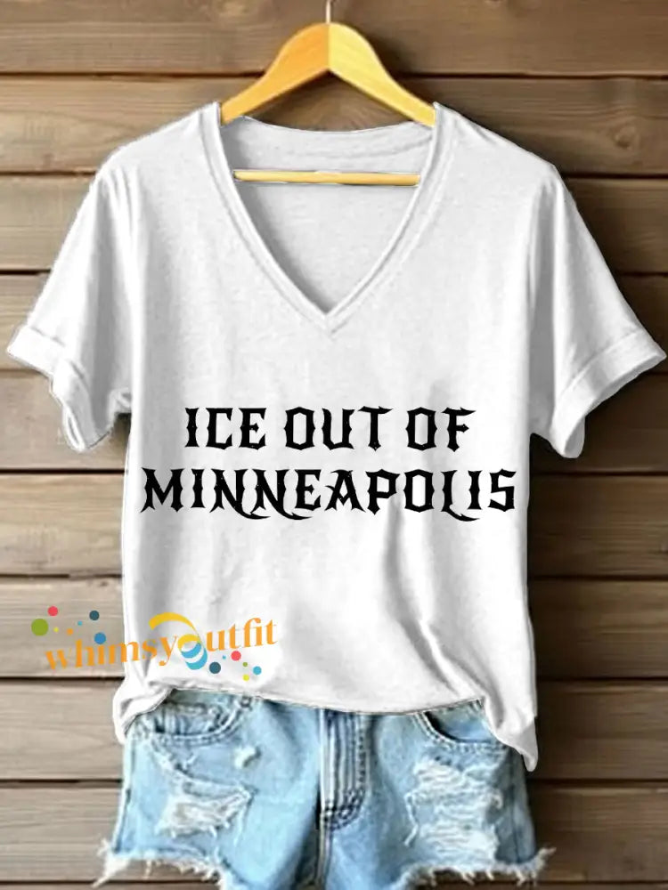 Women’s ICE Out Of Minneapolis Print V-Neck T-Shirt White / S