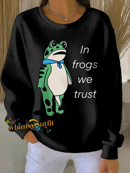Women’s In Frogs We Trust Polish Frog Print Ribbed Round-Neck Sweatshirt Black / S