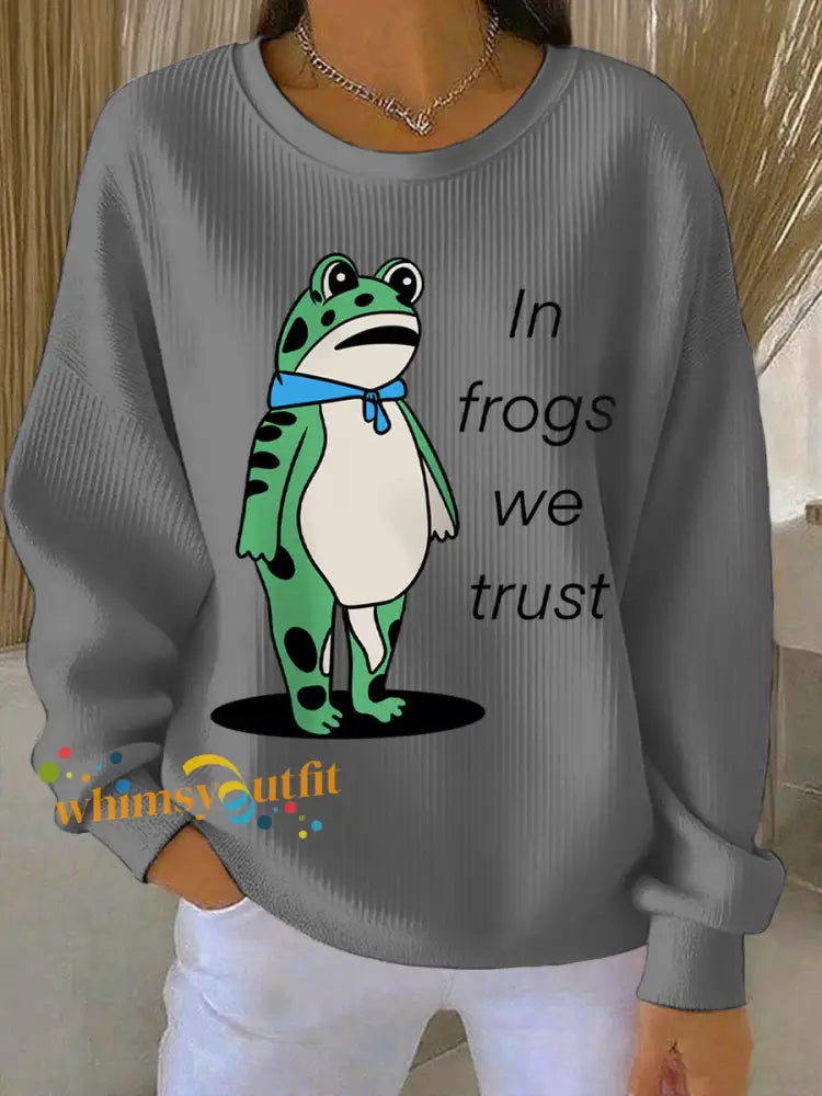Women’s In Frogs We Trust Polish Frog Print Ribbed Round-Neck Sweatshirt Gray / S