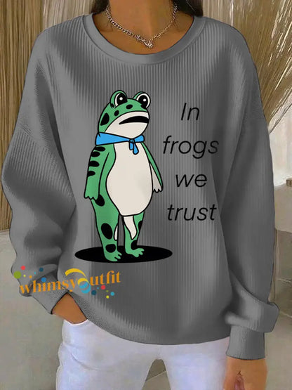Women’s In Frogs We Trust Polish Frog Print Ribbed Round-Neck Sweatshirt Gray / S