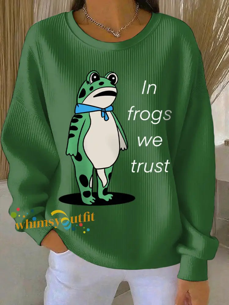 Women’s In Frogs We Trust Polish Frog Print Ribbed Round-Neck Sweatshirt Green / S