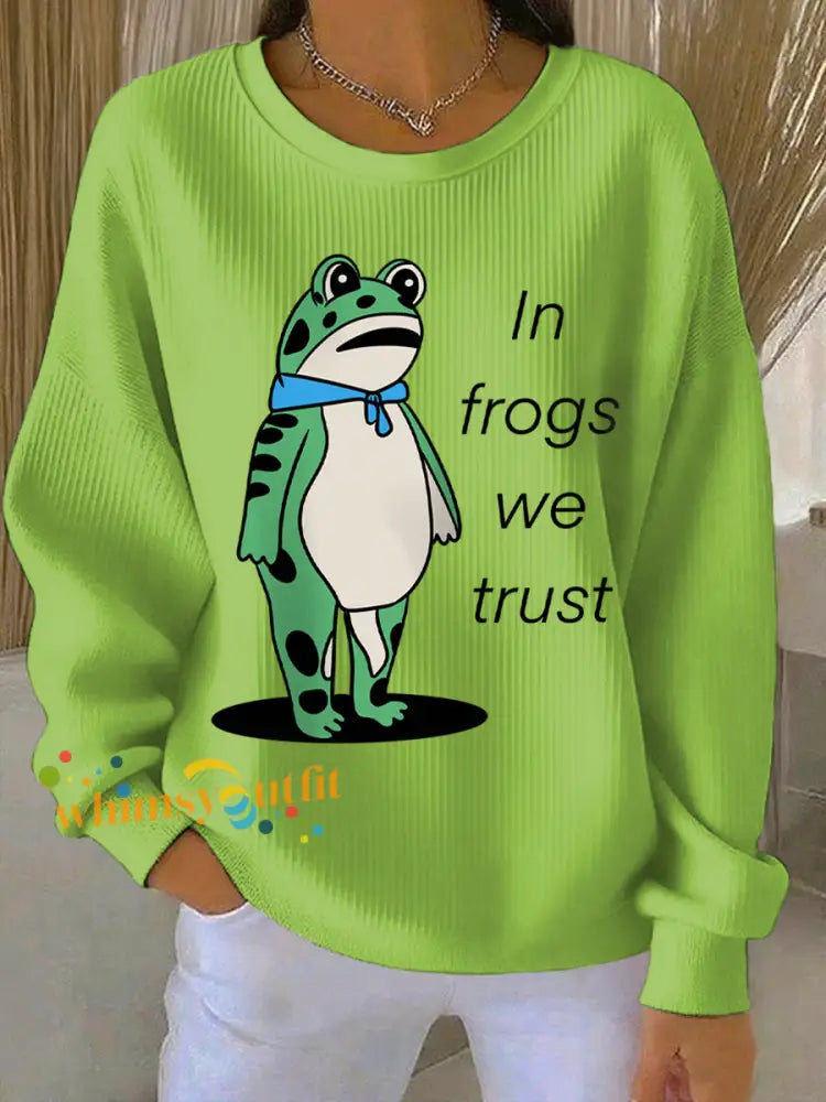 Women’s In Frogs We Trust Polish Frog Print Ribbed Round-Neck Sweatshirt Light Green / S
