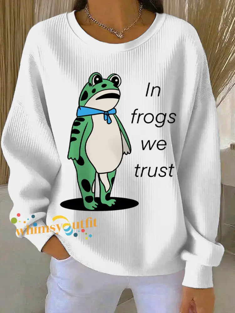 Women’s In Frogs We Trust Polish Frog Print Ribbed Round-Neck Sweatshirt White / S