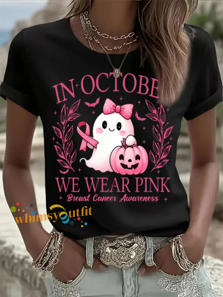Women’s In October We Wear Pink Ghost Print Casual T shirt Black / S