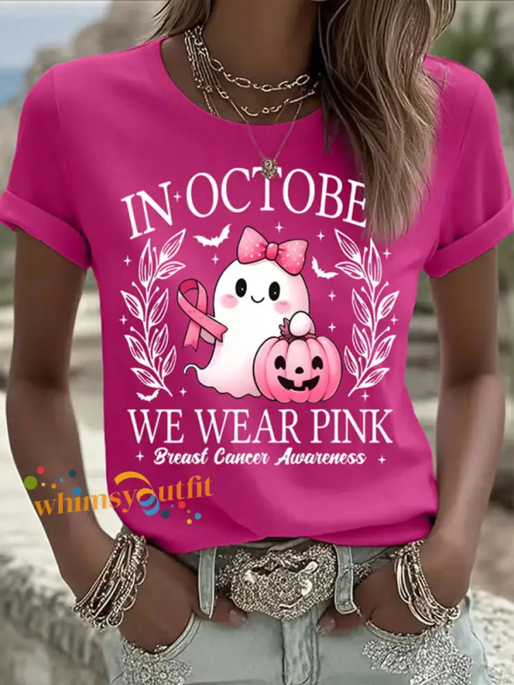 Women’s In October We Wear Pink Ghost Print Casual T shirt Rose Red / S