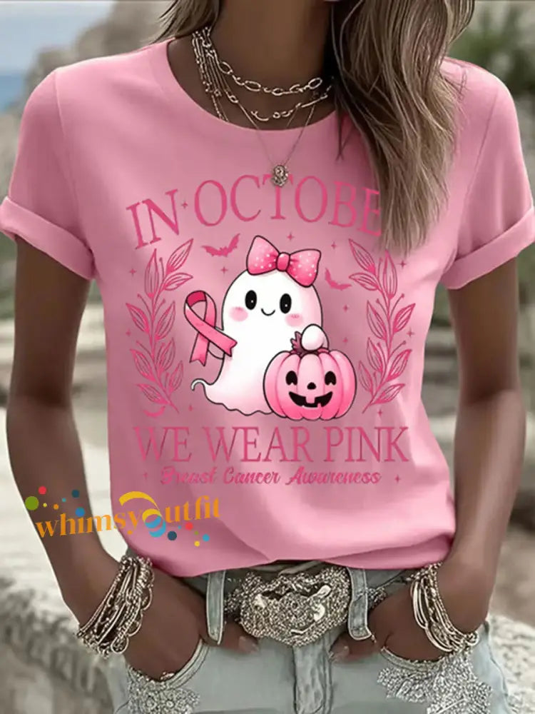 Women’s In October We Wear Pink Ghost Print Casual T shirt Pink / S