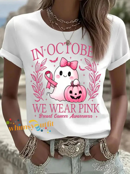 Women’s In October We Wear Pink Ghost Print Casual T shirt White / S