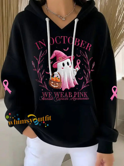 Women’s In October We Wear Pink Halloween Pink Ghost Breast Cancer Awareness Support Hoodie Black / S