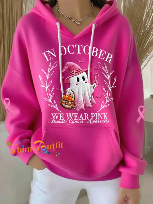 Women’s In October We Wear Pink Halloween Pink Ghost Breast Cancer Awareness Support Hoodie Rose Red / S