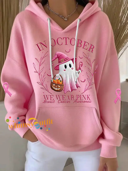 Women’s In October We Wear Pink Halloween Pink Ghost Breast Cancer Awareness Support Hoodie Pink / S