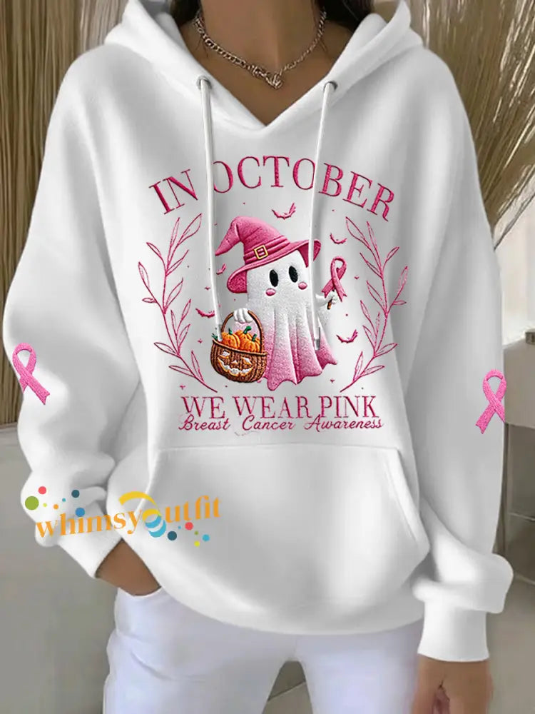 Women’s In October We Wear Pink Halloween Pink Ghost Breast Cancer Awareness Support Hoodie White / S