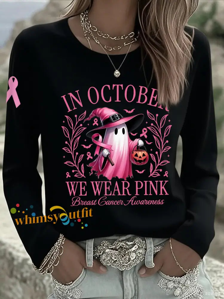 Women’s In October We Wear Pink Halloween Pink Ghost Breast Cancer Awareness Support Long Sleeve T Shirt Black / S