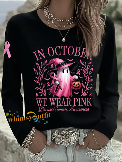 Women’s In October We Wear Pink Halloween Pink Ghost Breast Cancer Awareness Support Long Sleeve T Shirt Black / S