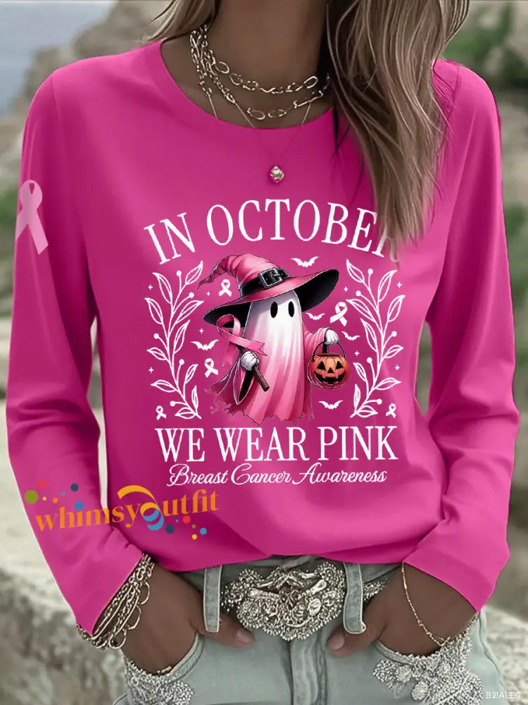 Women’s In October We Wear Pink Halloween Pink Ghost Breast Cancer Awareness Support Long Sleeve T Shirt Rose Red / S