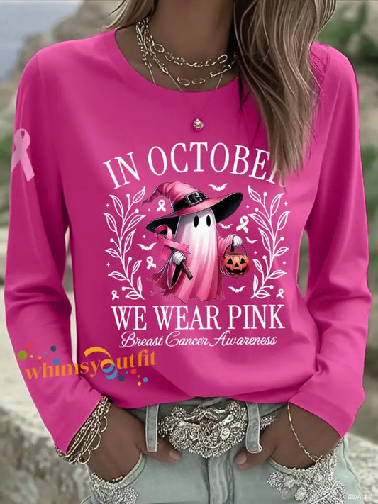 Women’s In October We Wear Pink Halloween Pink Ghost Breast Cancer Awareness Support Long Sleeve T Shirt Rose Red / S