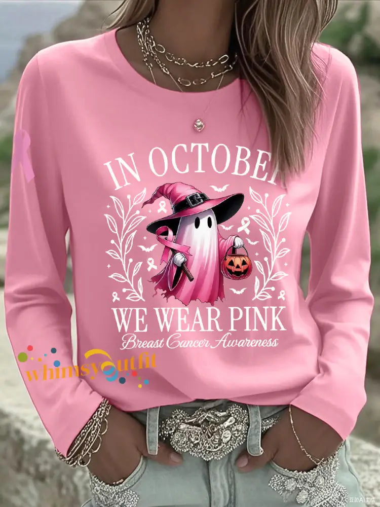 Women’s In October We Wear Pink Halloween Pink Ghost Breast Cancer Awareness Support Long Sleeve T Shirt Pink / S