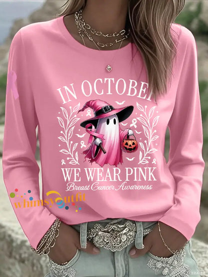 Women’s In October We Wear Pink Halloween Pink Ghost Breast Cancer Awareness Support Long Sleeve T Shirt Pink / S