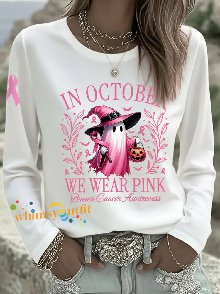 Women’s In October We Wear Pink Halloween Pink Ghost Breast Cancer Awareness Support Long Sleeve T Shirt White / S