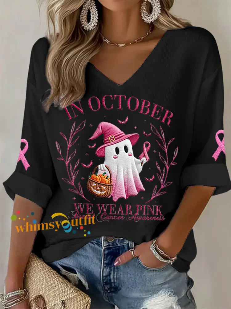 Women’s In October We Wear Pink Halloween Pink Ghost Breast Cancer Awareness Support Long Sleeve Top Black / S