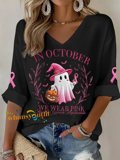Women’s In October We Wear Pink Halloween Pink Ghost Breast Cancer Awareness Support Long Sleeve Top Black / S
