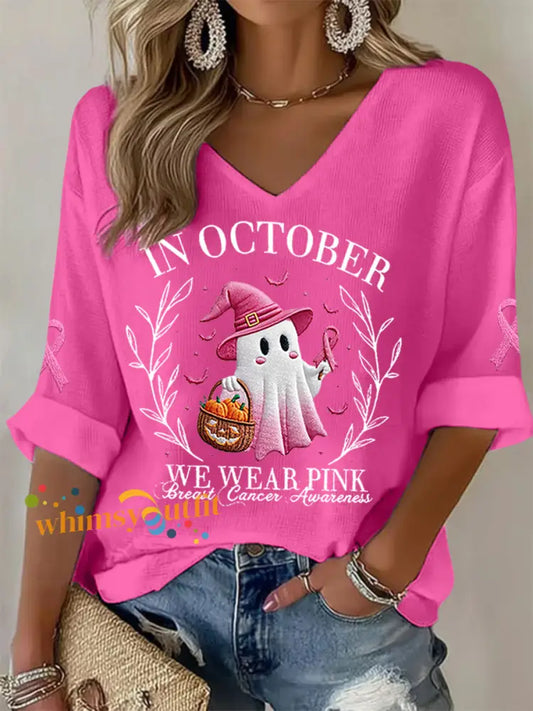 Women’s In October We Wear Pink Halloween Pink Ghost Breast Cancer Awareness Support Long Sleeve Top Rose Red / S
