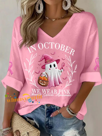 Women’s In October We Wear Pink Halloween Pink Ghost Breast Cancer Awareness Support Long Sleeve Top Pink / S