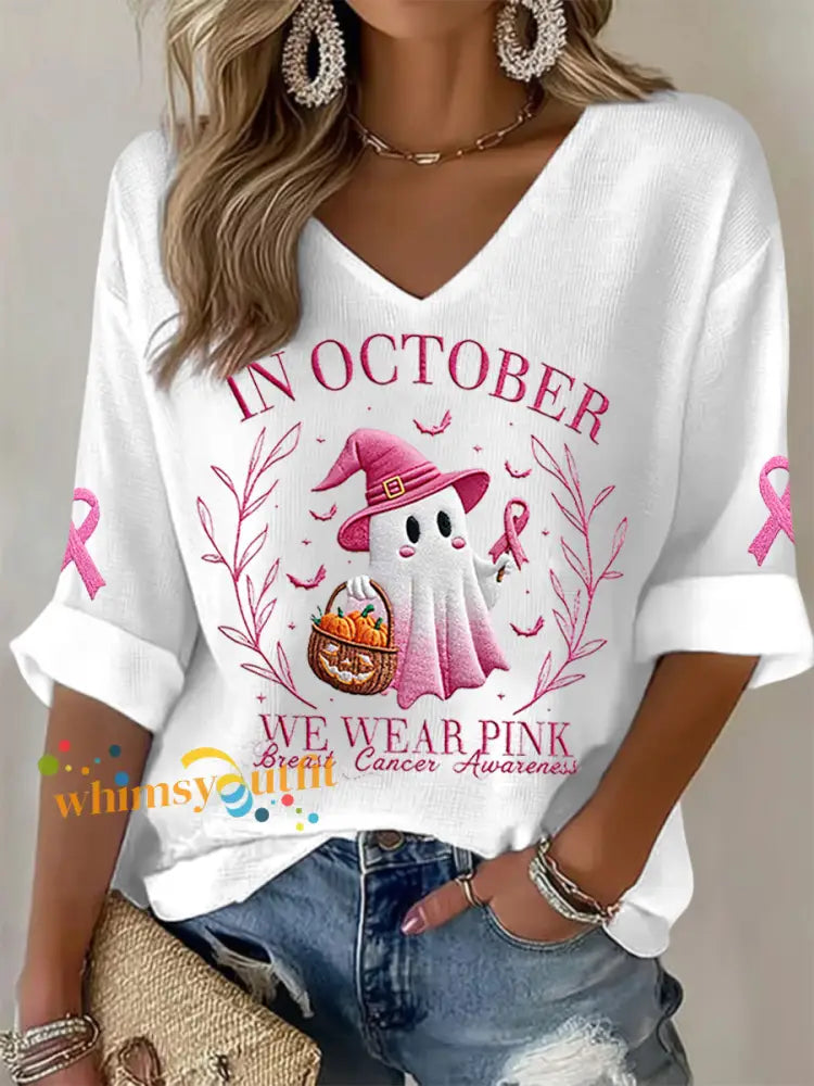 Women’s In October We Wear Pink Halloween Pink Ghost Breast Cancer Awareness Support Long Sleeve Top White / S