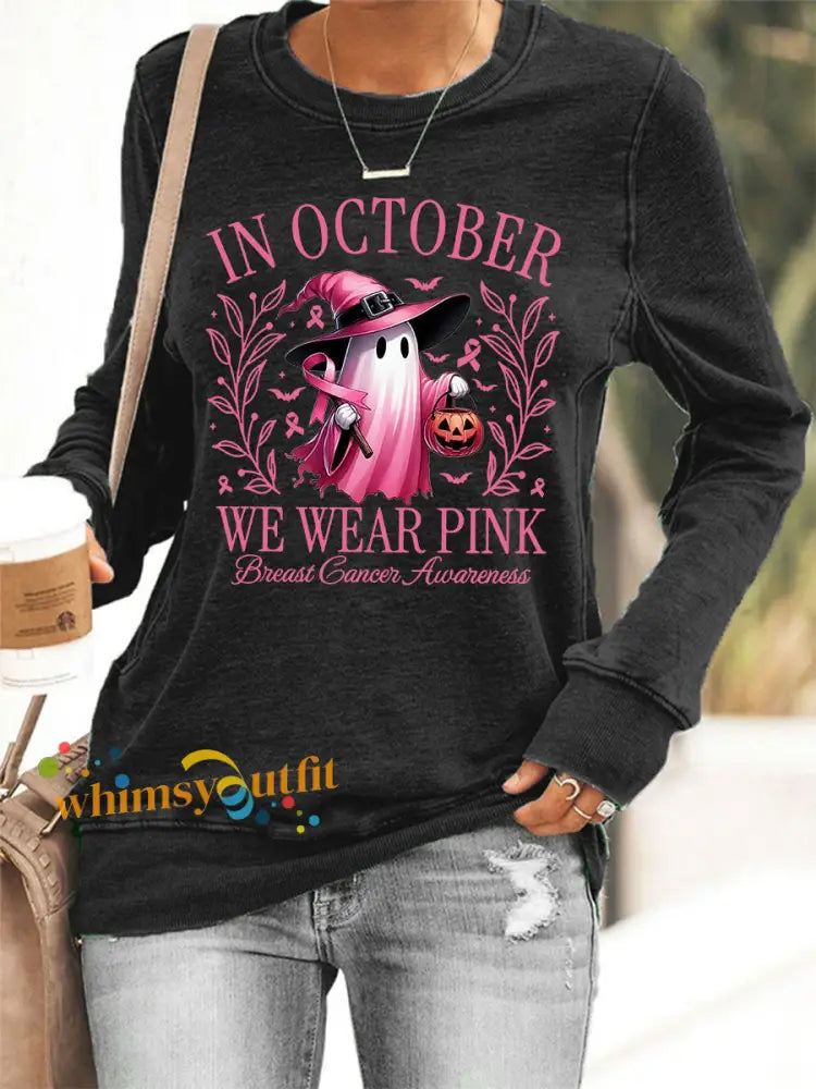 Women’s In October We Wear Pink Halloween Pink Ghost Breast Cancer Awareness Support Sweatshirt Black / S