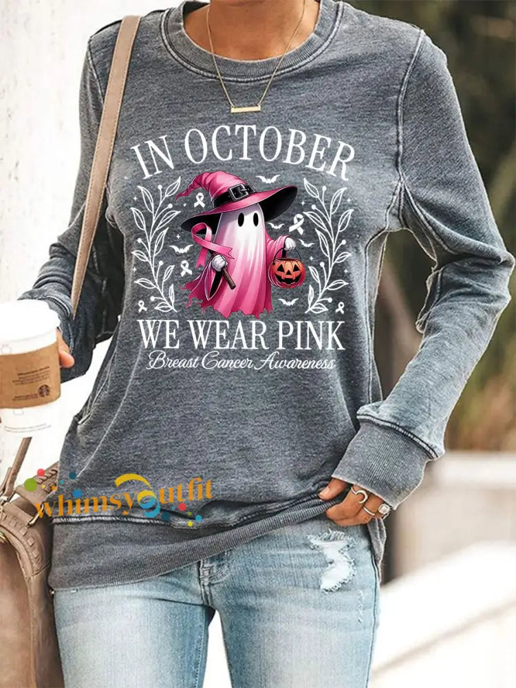Women’s In October We Wear Pink Halloween Pink Ghost Breast Cancer Awareness Support Sweatshirt Gray / S