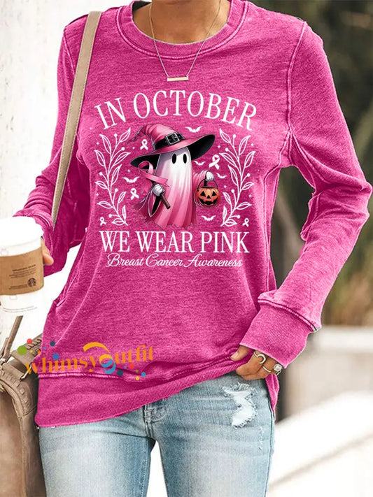 Women’s In October We Wear Pink Halloween Pink Ghost Breast Cancer Awareness Support Sweatshirt Rose Red / S