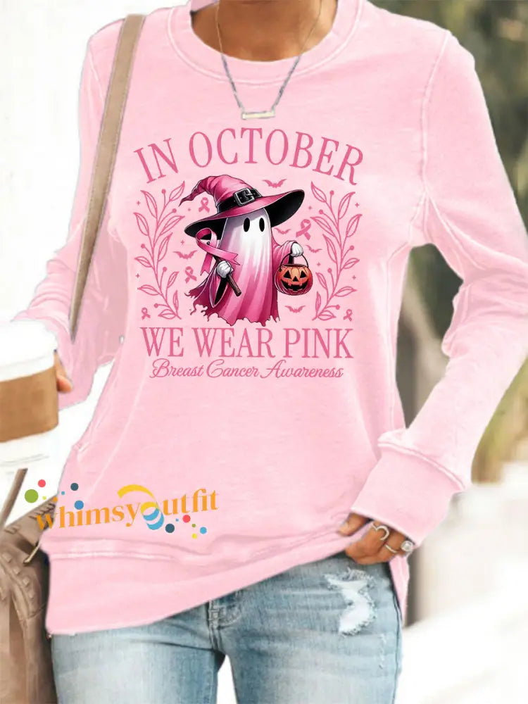 Women’s In October We Wear Pink Halloween Pink Ghost Breast Cancer Awareness Support Sweatshirt Pink / S