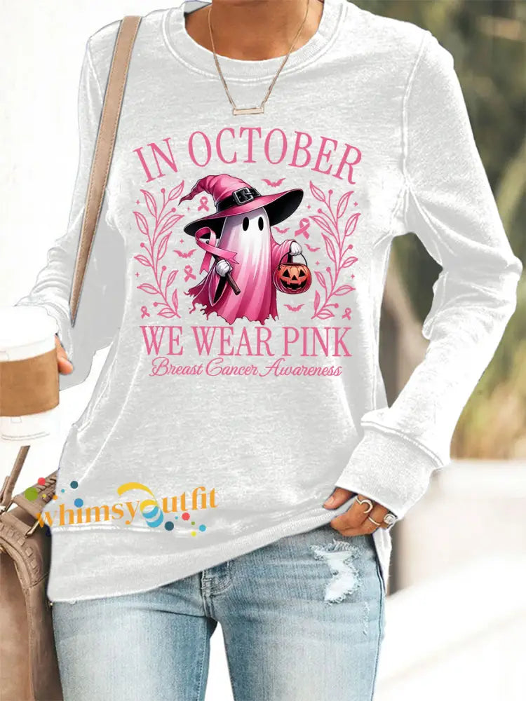 Women’s In October We Wear Pink Halloween Pink Ghost Breast Cancer Awareness Support Sweatshirt White / S