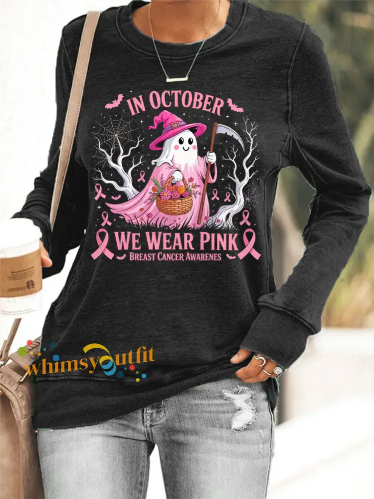 Women’s In October We Wear Pink Halloween Pink Ghost Breast Cancer Awareness Sweatshirt Black / S