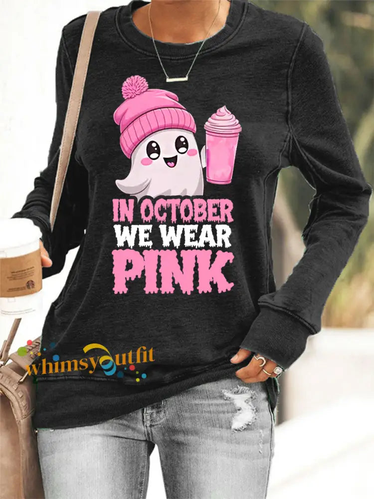 Women’s In October We Wear Pink Halloween Pink Ghost Breast Cancer Awareness Sweatshirt Black / S