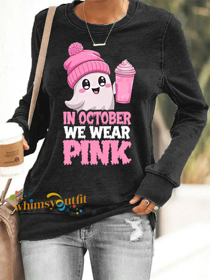 Women’s In October We Wear Pink Halloween Pink Ghost Breast Cancer Awareness Sweatshirt Black / S