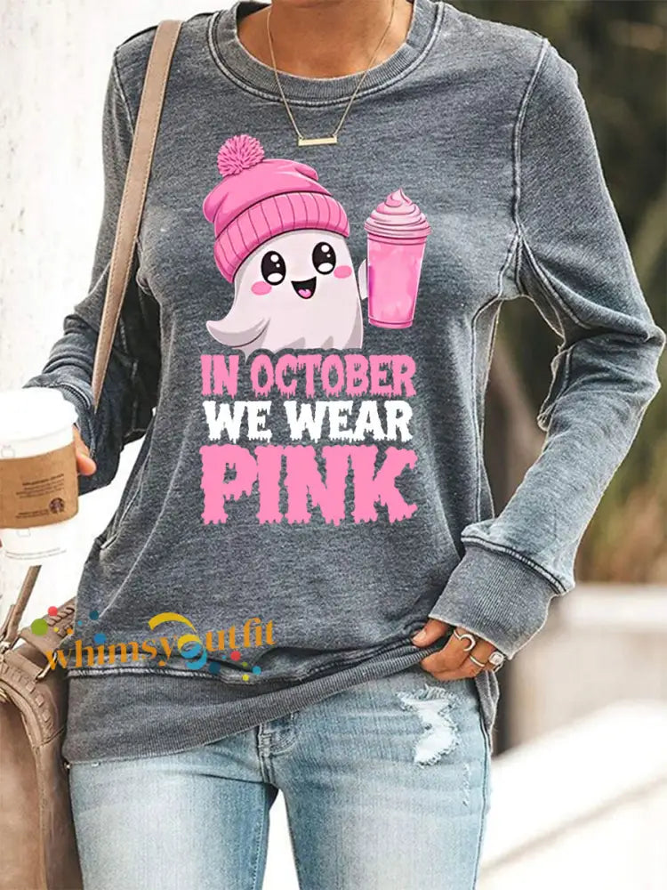 Women’s In October We Wear Pink Halloween Pink Ghost Breast Cancer Awareness Sweatshirt Gray / S