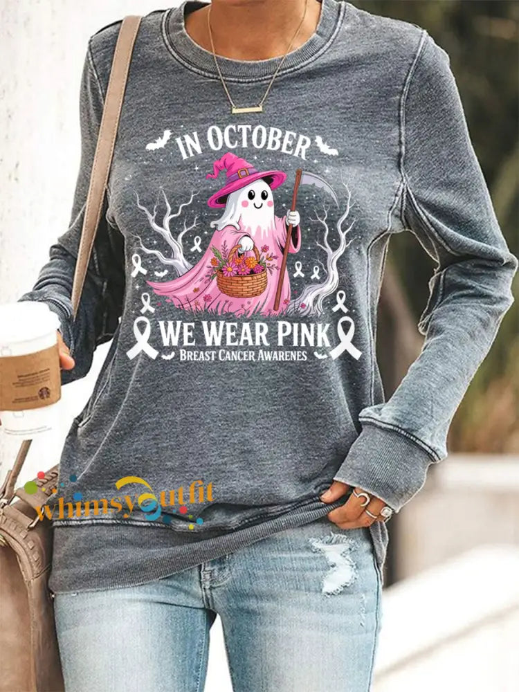 Women’s In October We Wear Pink Halloween Pink Ghost Breast Cancer Awareness Sweatshirt Gray / S