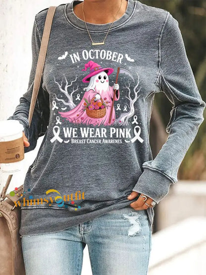 Women’s In October We Wear Pink Halloween Pink Ghost Breast Cancer Awareness Sweatshirt Gray / S