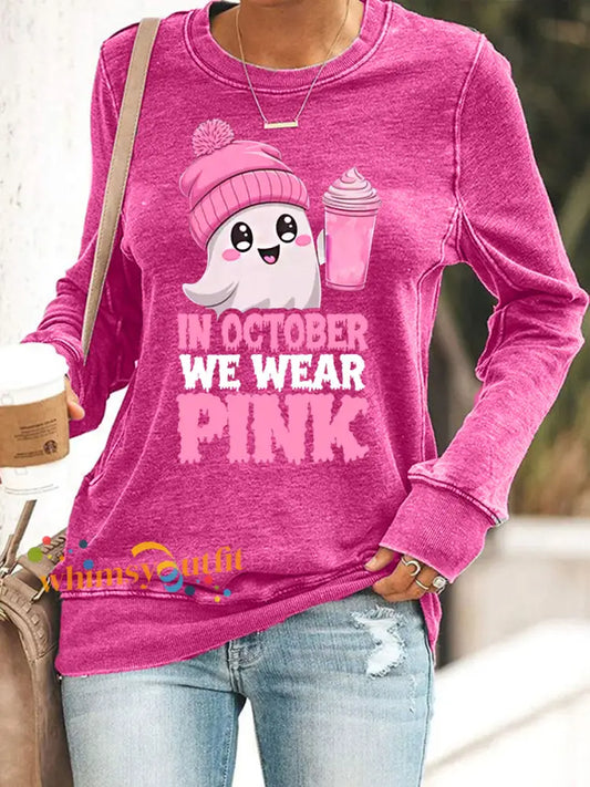 Women’s In October We Wear Pink Halloween Pink Ghost Breast Cancer Awareness Sweatshirt Rose Red / S