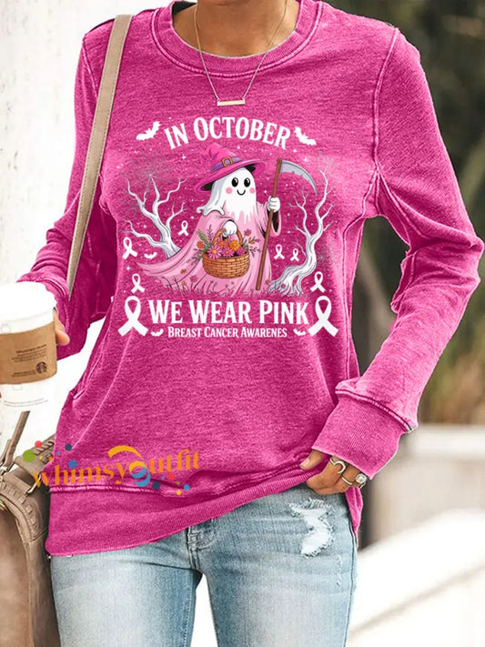 Women’s In October We Wear Pink Halloween Pink Ghost Breast Cancer Awareness Sweatshirt Rose Red / S