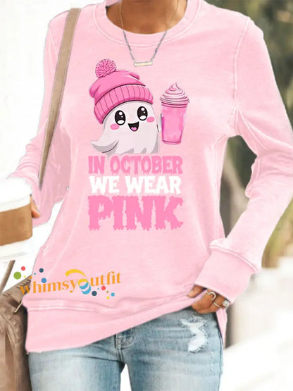 Women’s In October We Wear Pink Halloween Pink Ghost Breast Cancer Awareness Sweatshirt Pink / S
