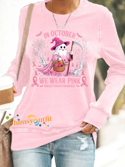 Women’s In October We Wear Pink Halloween Pink Ghost Breast Cancer Awareness Sweatshirt Pink / S